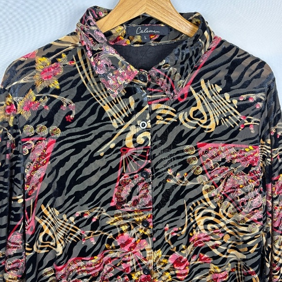 Women's Long Sleeve Velvet Burnout Tunic Top Button Up Sz L Boho Gypsy Caleoas - Picture 2 of 12